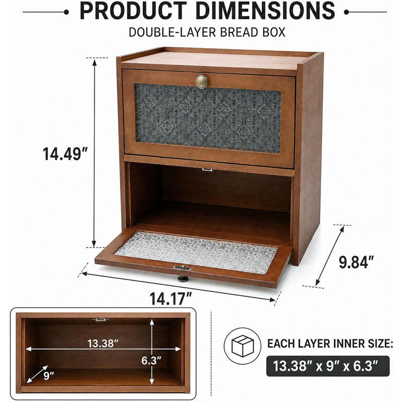 Grand contenant de pain en bambou carbonisé 2 couches BreadBox
