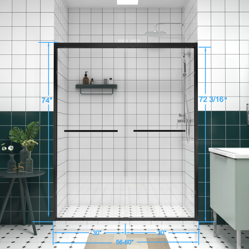 56 - 60"x74" Double Sliding Shower Door With Black Hardware, Chamfer Edged Glass, Handle, Safe Design For Bathroom Design, Mute Rollers