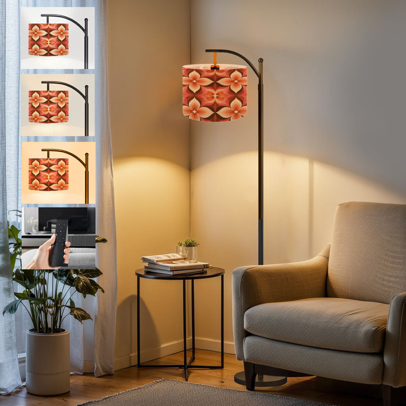  Arc Floor Lamp 70s Retro Seamless Orange Brown Pink Beige 60s 70s Retro style Tall Modern Standing Lamp LED Adjustable Linen Lampshade 3 Color Temperatures