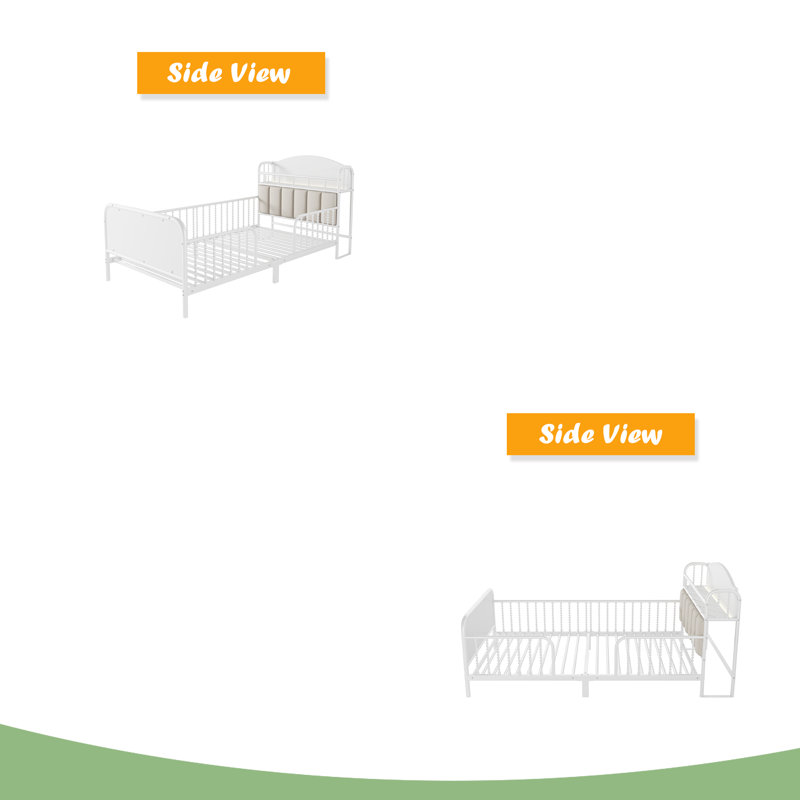 Structure de lit plateforme en métal avec lumière, lit en métal pour enfants avec tête de lit tapissier et rangement, Blanc