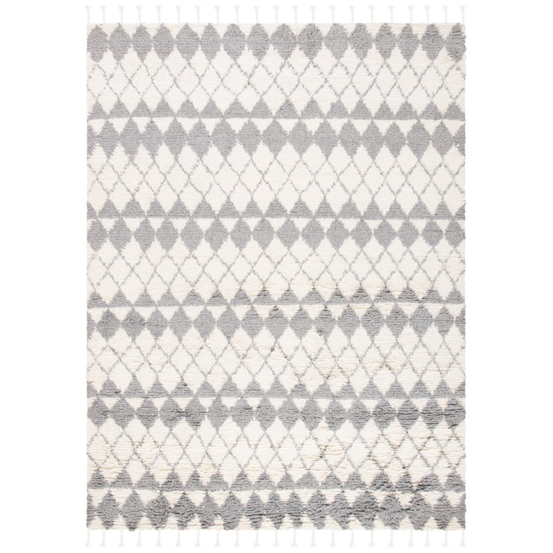 Tapis géométrique gris / ivoire en laine et en coton tissé à la main Gaetano, Rectangle 8 pi x 10 pi
