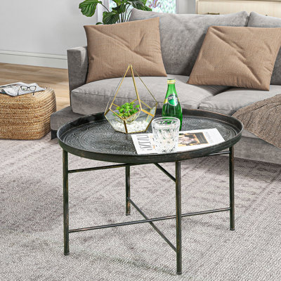 Table basse ronde de 24 po avec plateau martelé, table centrale rétro en métal