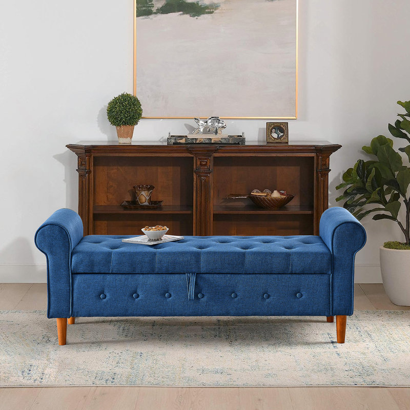 62" Bedroom Tufted Button Storage Bench, Modern Fabric Upholstered Ottoman, Window Bench with Rolled Arm Design, Blue