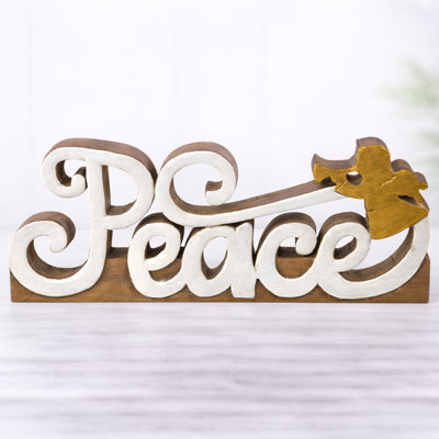 Handmade Wooden Sculpture of Peace Word with Little Angel - Modern Table Sculpture for Home & Christmas Gift