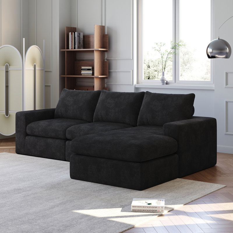 Canapé modulaire rembourré en L, Velours côtelé noir