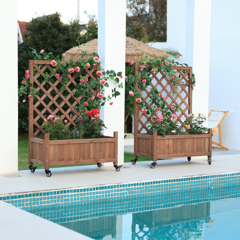 37'' H  2 Piece  Mobile Outdoor Raised Garden Bed Wood Planter Box with Trellis and wheels, Brown