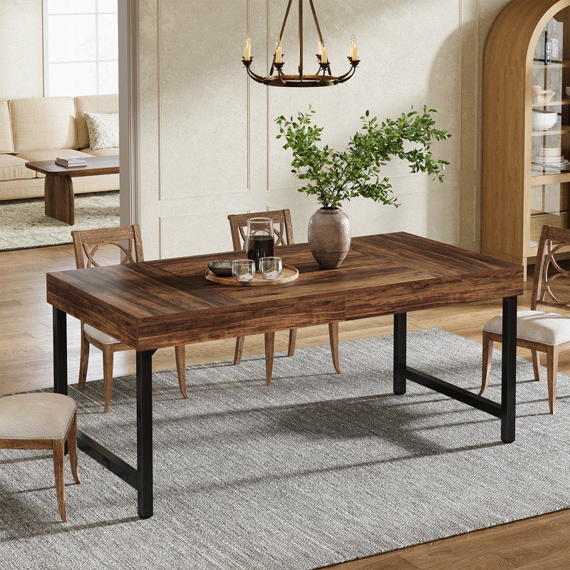 Rectangular Dining Table with Iron Base, Dark Brown