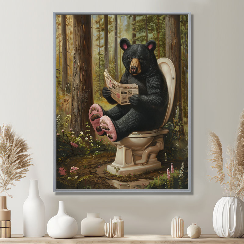 Ours lisant un magazine sur la toilette - ours, reproduction d'art murale, Toile avec cadre argenté