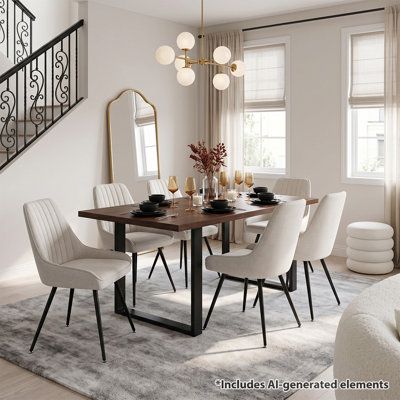 Ensemble de salle à manger rectangulaire en noyer pour 6 personnes avec table de 180 cm et chaises rembourrées