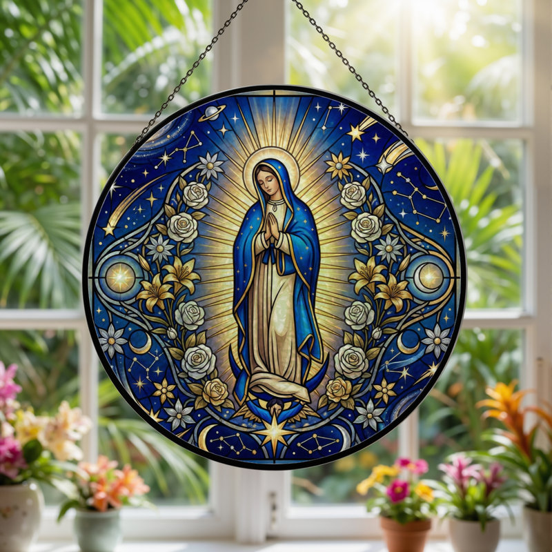 Panneau de vitrail de la Vierge Marie - 7,8H, H 7,8 po