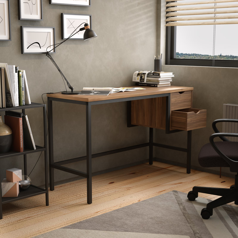 Bouton Metal Base Writing Desk, Walnut, Black