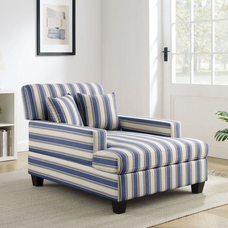 Monroeville 37" W Upholstered Chaise Lounge, Navy Blue Stripe Linen