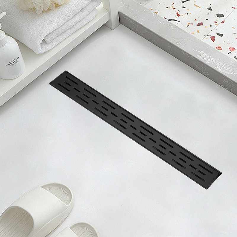 Matte Black Stainless Steel Rectangle Shower Floor Drain,24-Inch Linear Drain With Leveling Feet,Hair Strainer,Removable Bar Pattern Grate