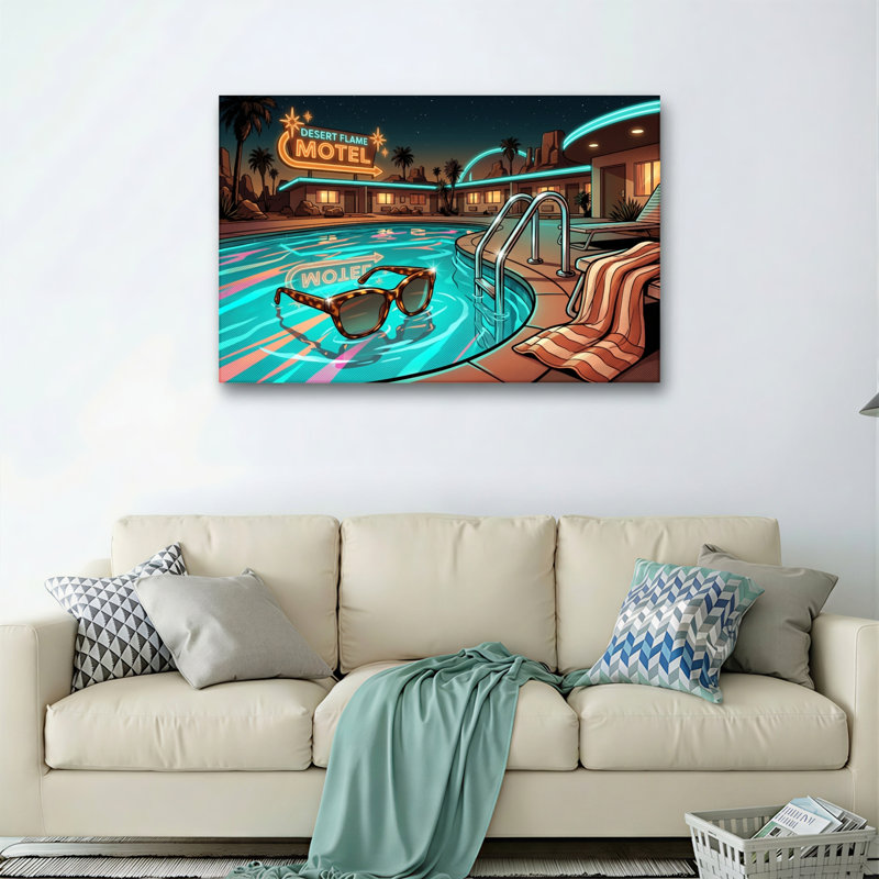 Ensemble de 1 tableau sur toile de style piscine rétro, H 32 po x l 48 po, Toile tendue