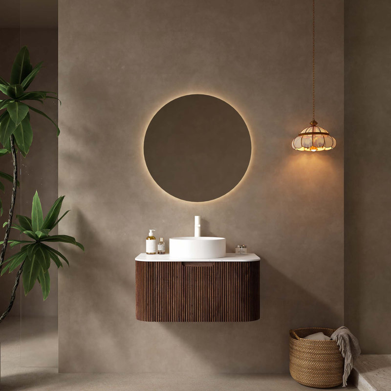Meuble-lavabo de salle de bain avec lavabo, armoire de rangement de salle de bain murale à bordures courbes et flottantes avec tiroir, lavabo en céramique blanc sans robinet, pré-assemblé