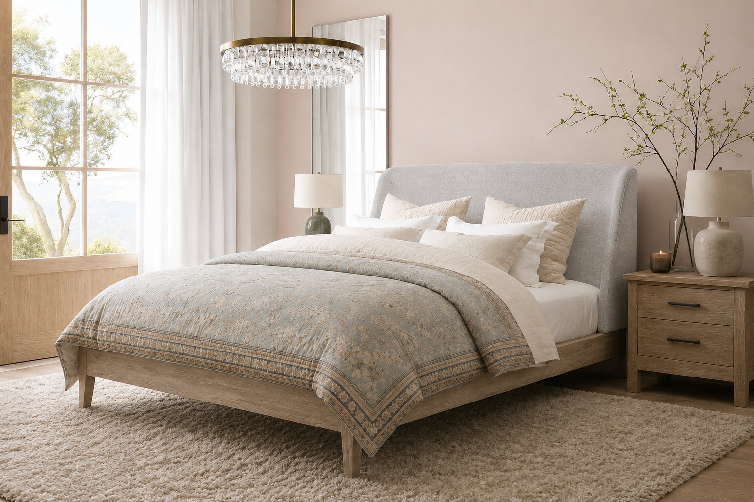 Cloey Upholstered Wingback Bed, Taupe Linen, Queen