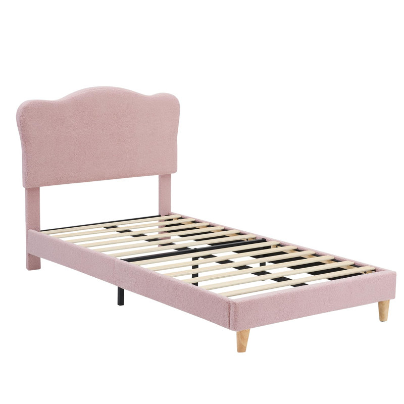 Lit plateforme rembourrée double en polaire sherpa pour enfant, tête de lit réglable, sommier à lattes silencieux en bois, cadre de lit pour chambre à coucher – Rose pâle