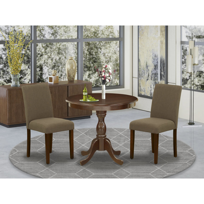 3 Piece Kitchen Table Set for Small Spaces Contains a Round Dining Table with Pedestal and 2 Coffee Linen Fabric Upholstered Chairs, Mahogany