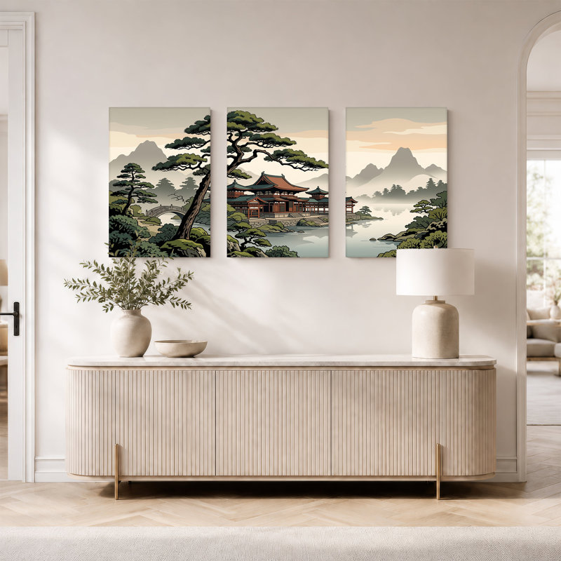 Temple traditionnel japonais avec pin et lac, ensemble de 3 toiles, H 30 po x l 20 po x 3 pièces