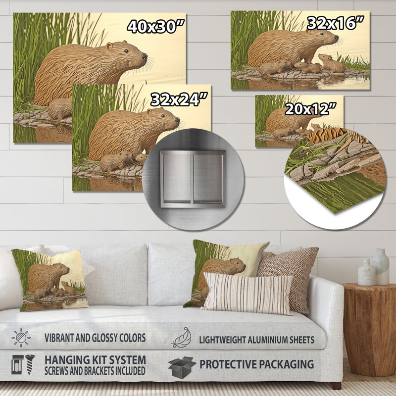 «Beaver Lake Scene In Summer II - Animals», impression murale en métal, H 12 po x l 20 po x P 0,84 po