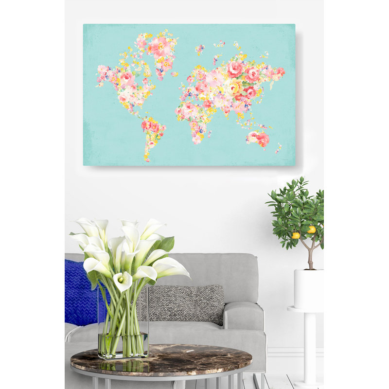 Carte du monde turquoise, Continents en fleurs, rose, rouge, floral, H 16 po x l 24 po x P 1,5 po