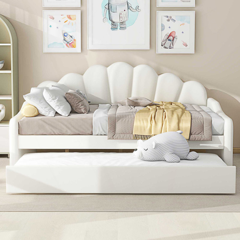 Full Size Upholstery Daybed Frame With Shall Shaped Backrest And Trundle, Day Bed, White