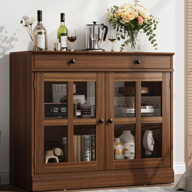 Walnut Wood Buffet Cabinet with Glass Door and Drawer, 35.4" Storage Sideboard, Modern Dining Room and Kitchen Furniture