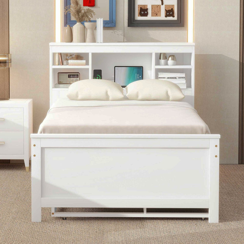 Lit plateforme simple avec tête de lit, USB, lit gigogne simple et 3 tiroirs, blanc, Lit simple