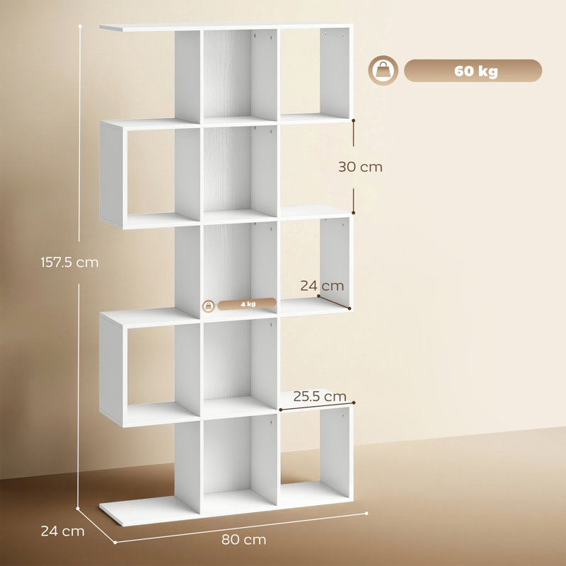 HOMCOM Geometric Bookshelf, 5-Tier S Shaped Bookcase, White