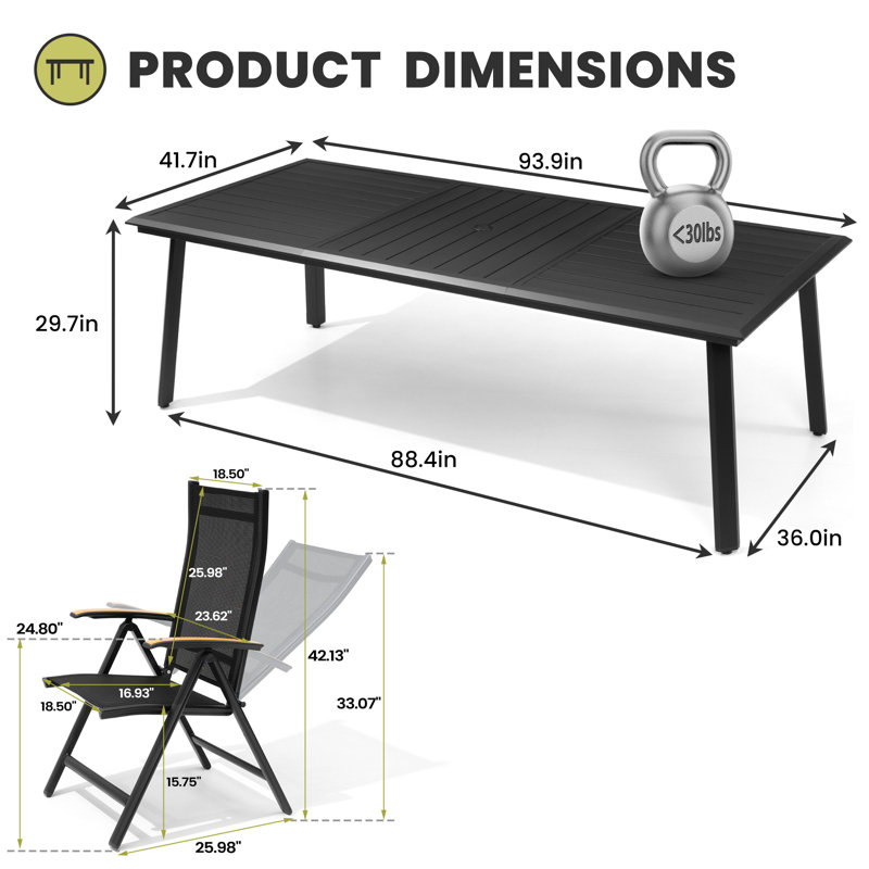 Ensemble repas pour 8 personnes en aluminium avec trou pour parasol et fauteuils inclinables pliés