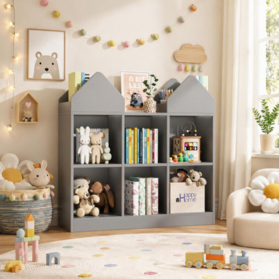 House-Shaped Kids Bookshelf, Kids Dollhouse Bookcase and Toy Storage Organizer, Montessori-Inspired Storage Cabinet for Kids Room, Playroom, Nursery, Classroom & Kindergarten, Gray