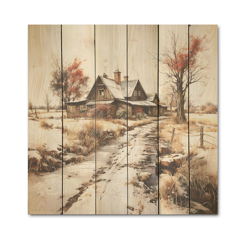 Hiver campagne campagne dévoilée I - Art mural en bois de ferme sur bois de pin naturel, H 36 po x l 36 po