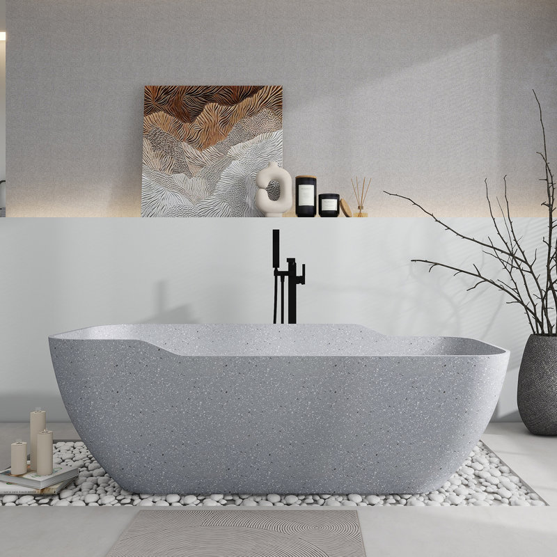 71'' X 31.5'' Freestanding Soaking Terrazzo Bathtub, Gray