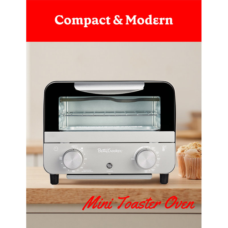 Betty Crocker Mini Toaster Oven, Compact Countertop Oven for Dorms, RVs, Apartments, 7-Liter Capacity, 750W, Silver
