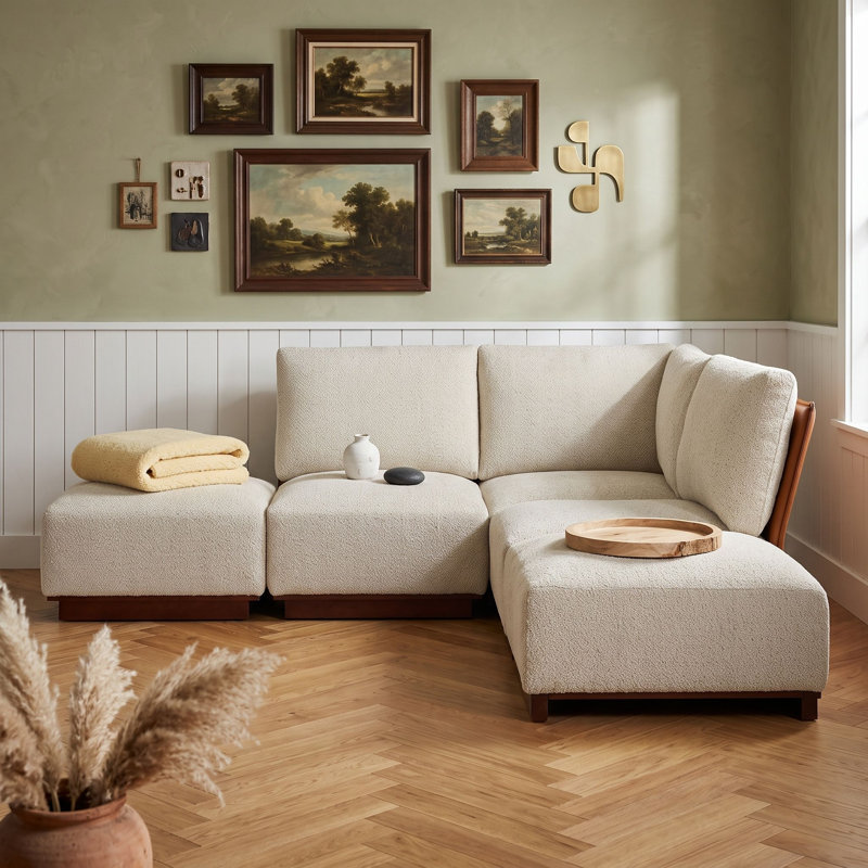 Canapé modulaire contemporain avec repose-pieds, structure en bois, coussins confortables et sièges profonds pour le salon
