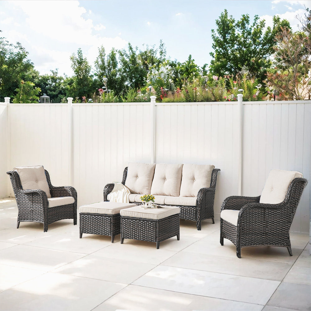 Bonia Wicker Rattan 5 Piece Complete Patio Set with Cushions Wildon Home® Cushion 