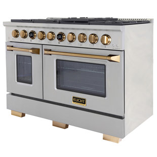 48 po 6,7 pi³ Cuisinière à carburant double en acier inoxydable avec accents dorés et thermostat Kucht Horus