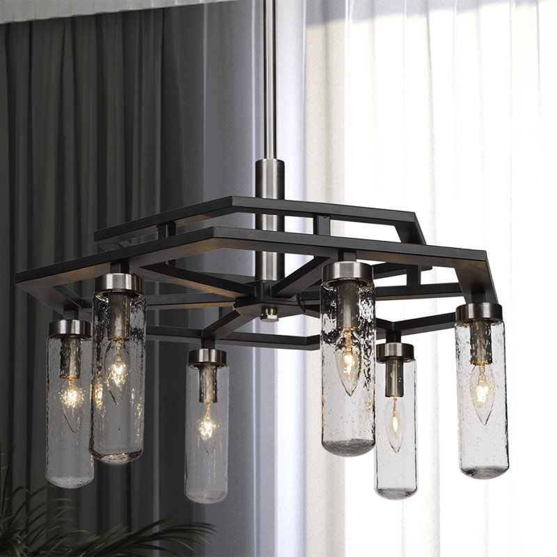Lustre 6 lumières Salinda, Bulle transparente, Noir mat/nickel brossé