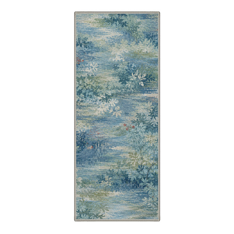 Tapis de couloir antidérapant lavable à poils courts, motif floral bleu/vert., Runner 2' x 6'