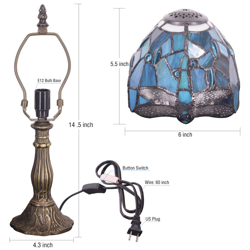 Small Tiffany Lamp Mini Accent Table Lamp Green Dragonfly Style Stained Glass Desk Memory Lamp Sympathy 6X14.6 Inch, Blue