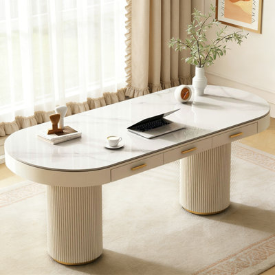 Bureau d'écriture avec tiroirs White Oval Sintered Stone