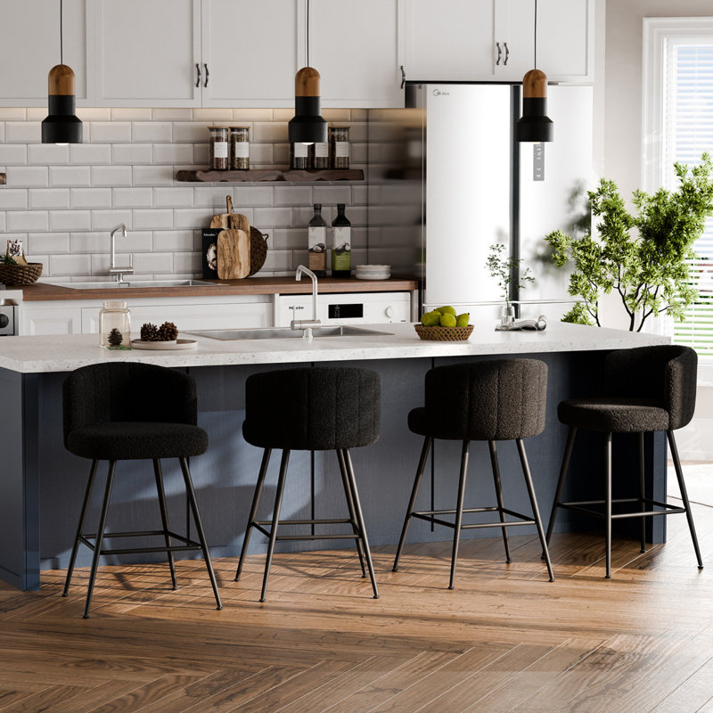 25.3" H Modern Counter & Bar Stool with Large Seat and Back, Black Boucle, Black