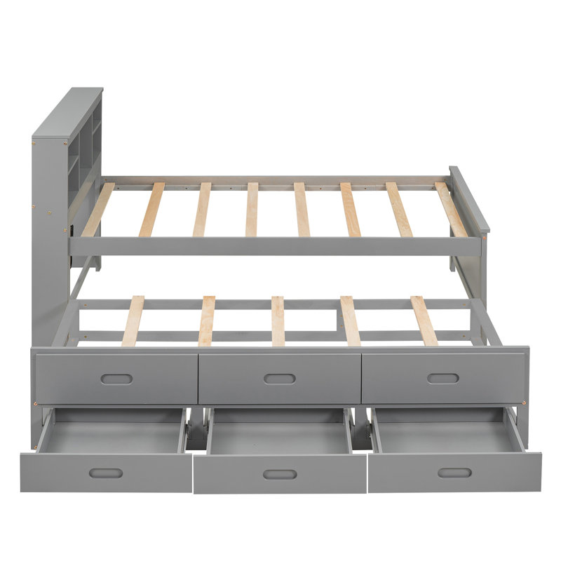 Lit plateforme avec tête de lit avec rangement, Gris