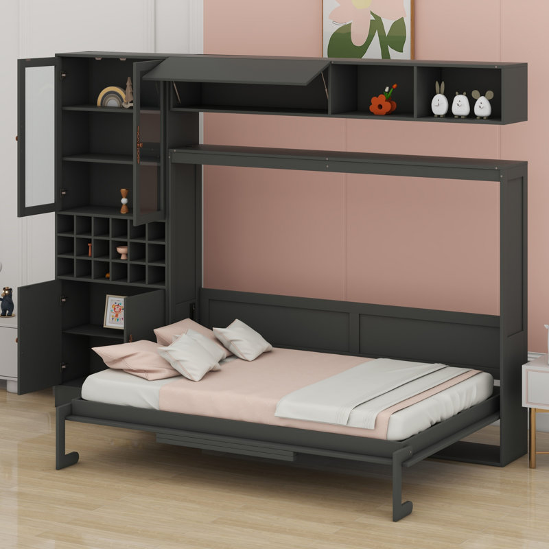 Lit escamotable mural avec canapé, tablettes USB et lumière Murphy, Gris