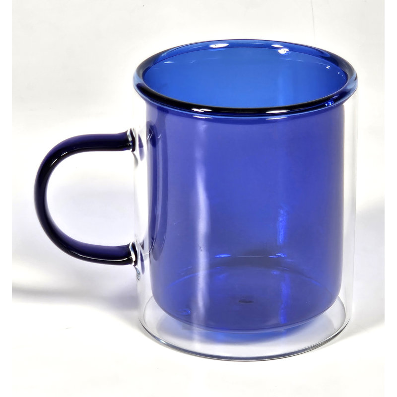  Tasse à double paroi 11 oz avec intérieur en verre coloré et poignée en verre de couleur assortie - bleu, Bleu