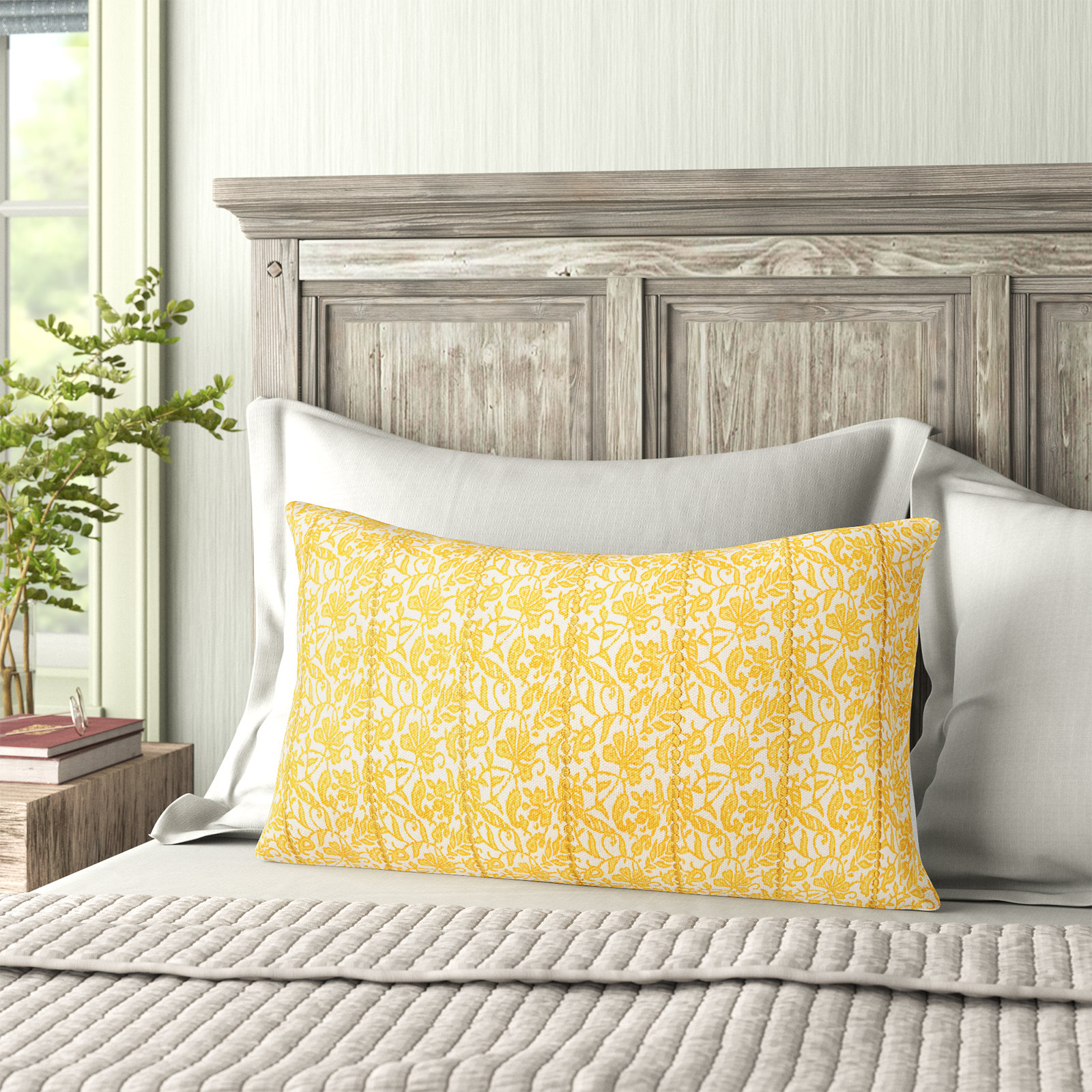 Kalon Embroidered Cotton Lumbar Throw Pillow, Yellow/White
