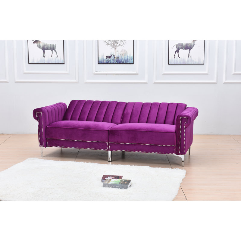 Canapé-lit à accoudoirs arrondis en velours de 85 po Ermera, Velours violet