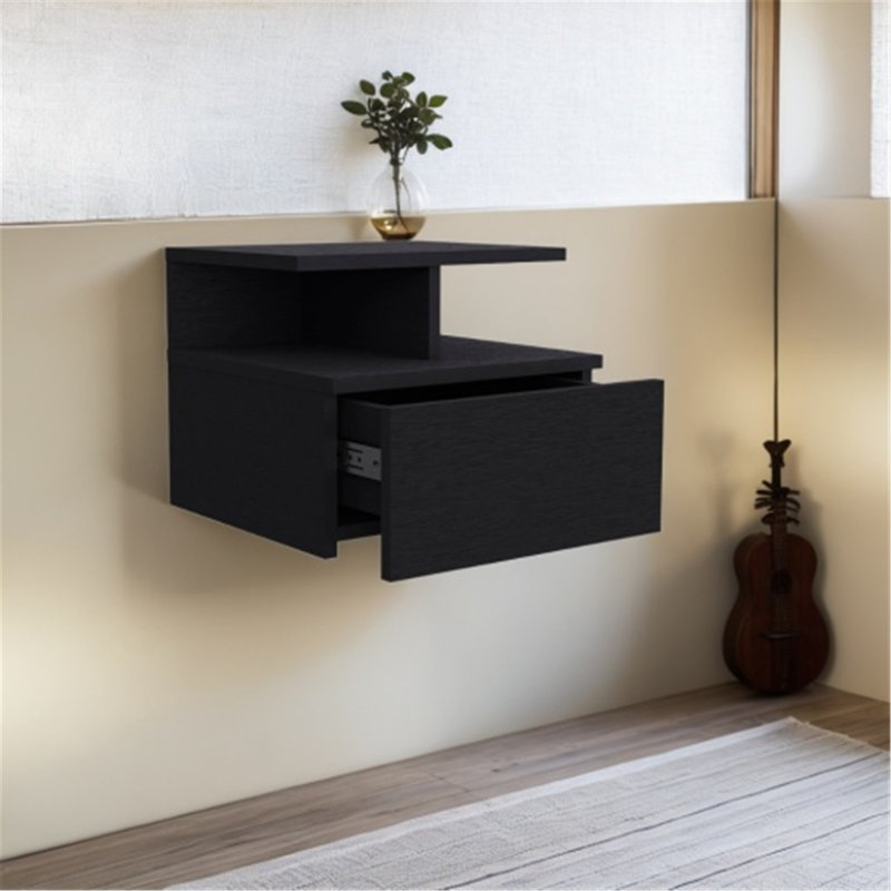 Table de chevet murale polyvalente avec tiroir et tablettes pour un rangement pratique, Noir, noir, noir, noir