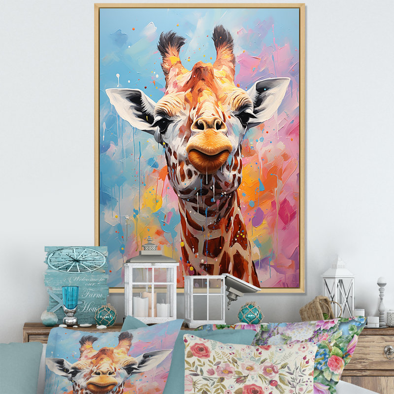 Popart Art, girafe multicolore Grace II sur toile, Cadre naturel flottant, H 44 po x l 34 po