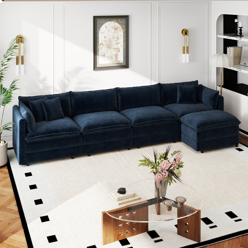 Canapé-lit en chenille moderne avec repose-pieds, H 33,85 po x l 147,22 po x P 35,82 po, Chenille bleu